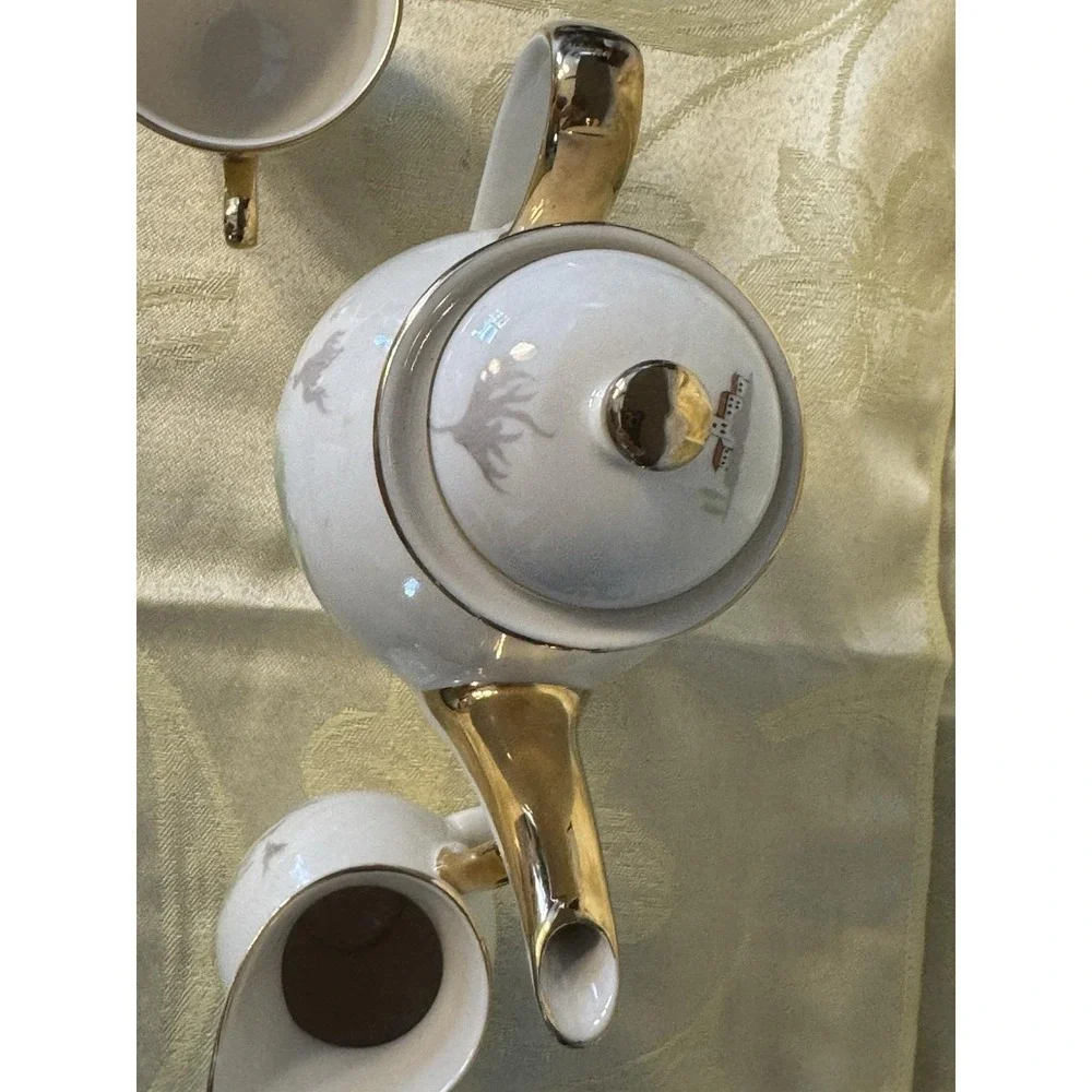 Antique Bavaria Germany Porcelain Coffee Chocolate Scenic Gold Trim 3 Pc 1920s